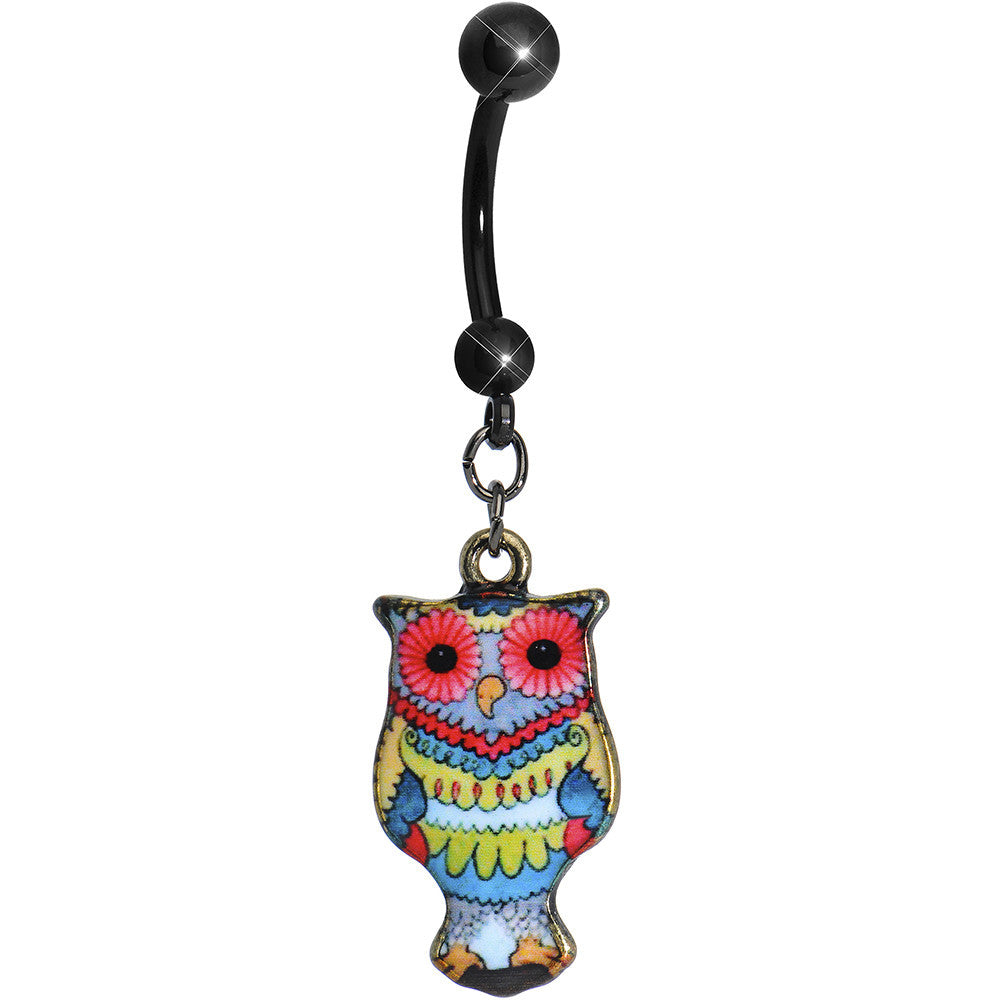 Red Flower Power Artistic Owl Dangle Belly Ring