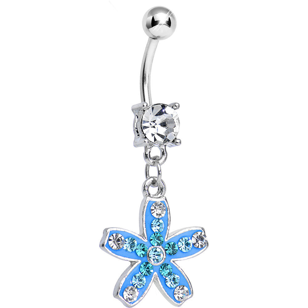 Clear Gem Sparkling Paved Aqua Star Flower Dangle Belly Ring