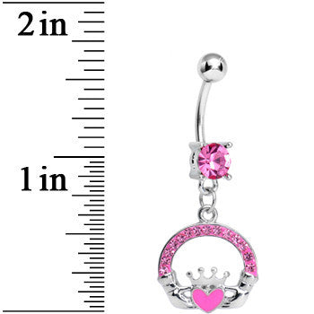 Pink Gem Pink Heart Irish Claddagh Dangle Belly Ring