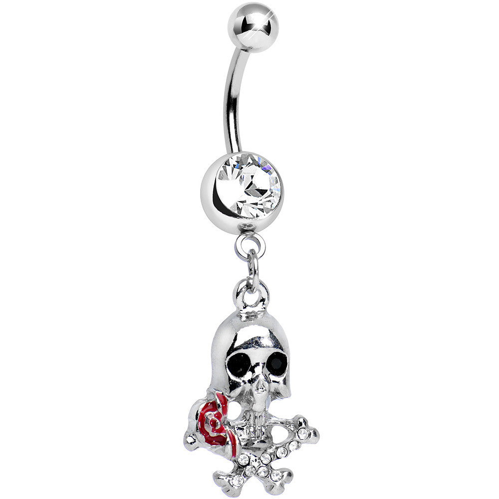 Clear Gem Death in Bloom Skull and Rose Flower Dangle Belly Ring