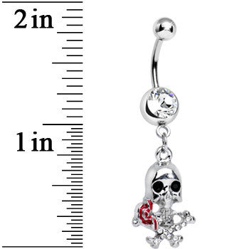 Clear Gem Death in Bloom Skull and Rose Flower Dangle Belly Ring