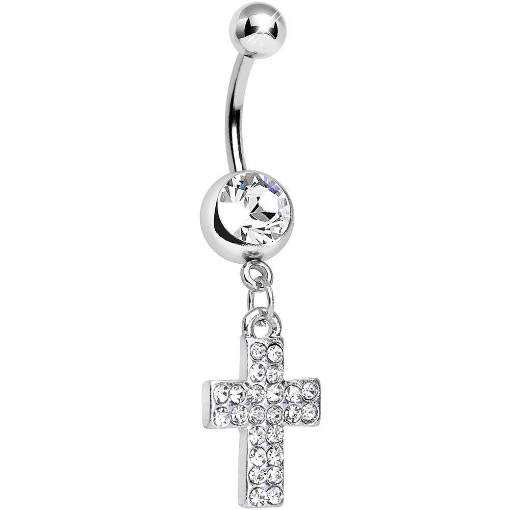 Clear Gem Carry the Cross Dangle Belly Ring