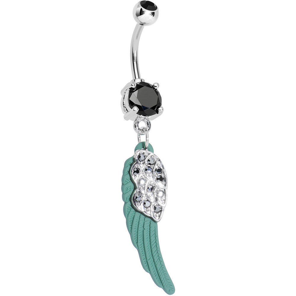 Black Gem On the Green Wing of an Angel Dangle Belly Ring