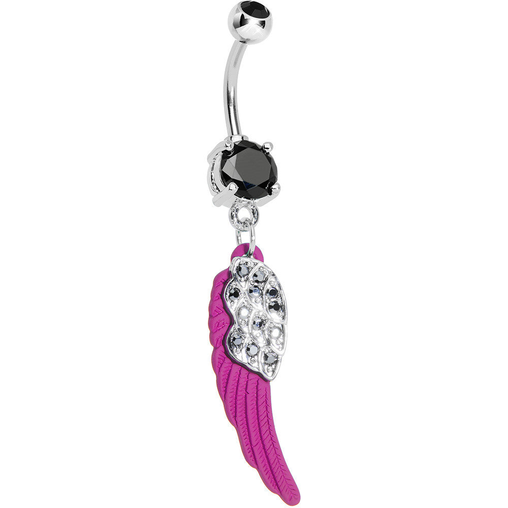 Black Gem On the Pink Wing of an Angel Dangle Belly Ring