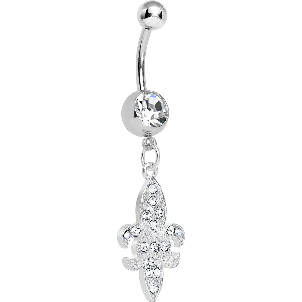 Clear Gem Paved Fleur de Lis Dangle Belly Ring