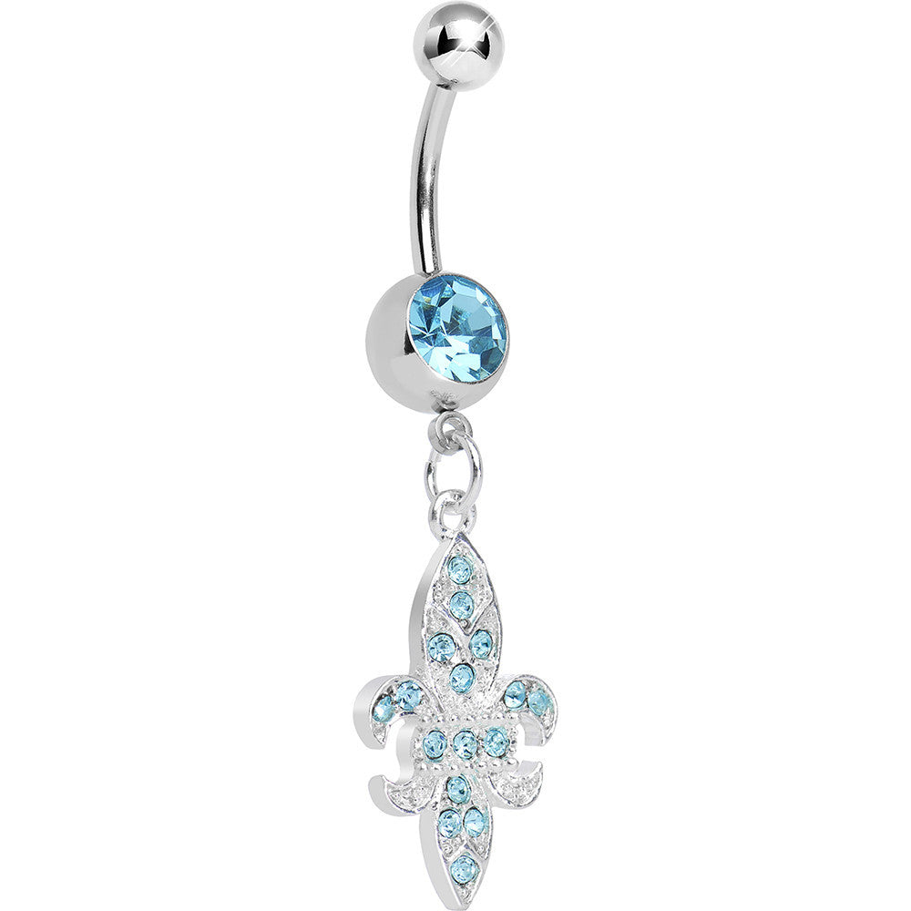 Aqua Gem Paved Fleur de Lis Dangle Belly Ring