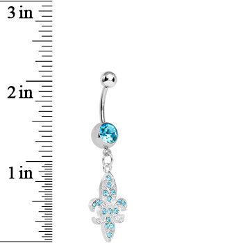 Aqua Gem Paved Fleur de Lis Dangle Belly Ring