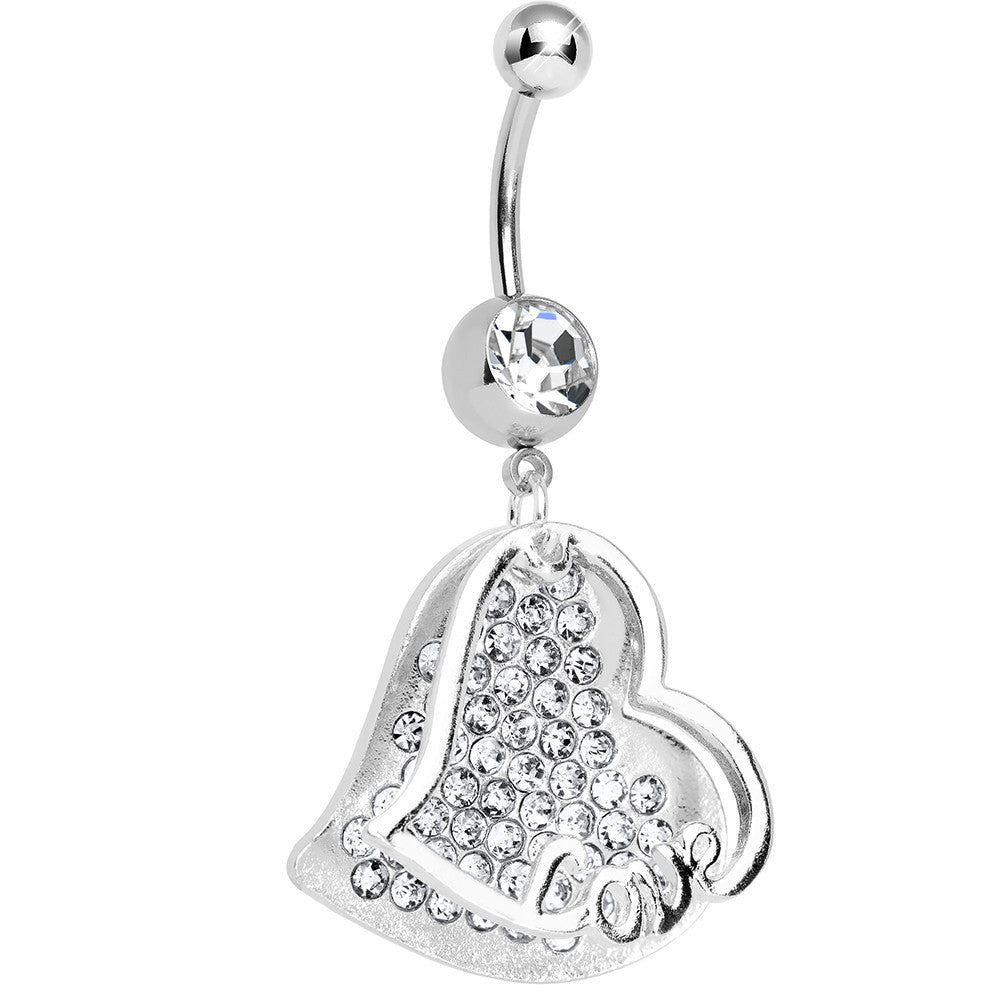 Clear Gem Paved Love Heart Dangle Belly Ring