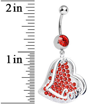 Red Gem Paved Love Heart Dangle Belly Ring