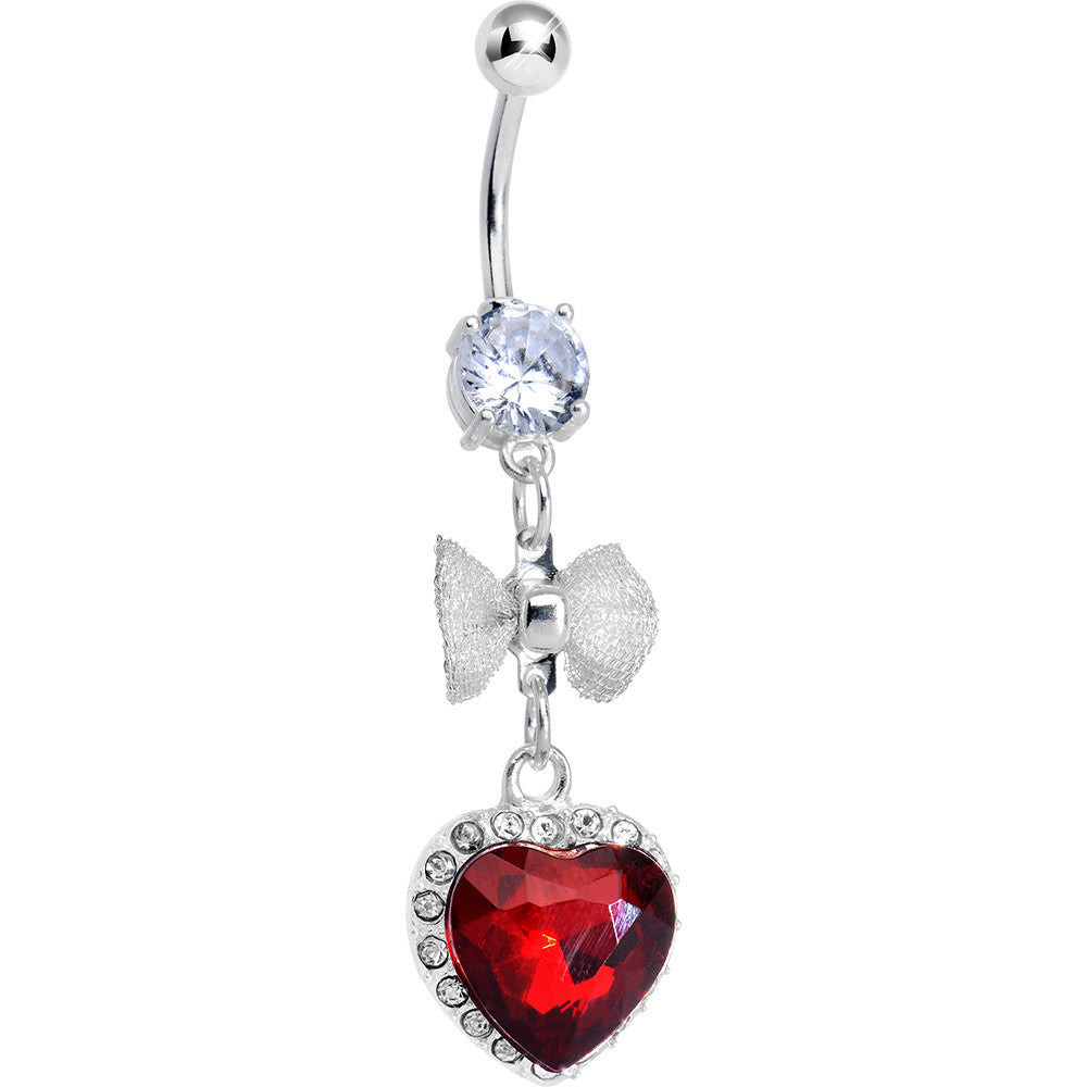 Clear Gem Queen Ruby Red Heart and Bowtie Dangle Belly Ring