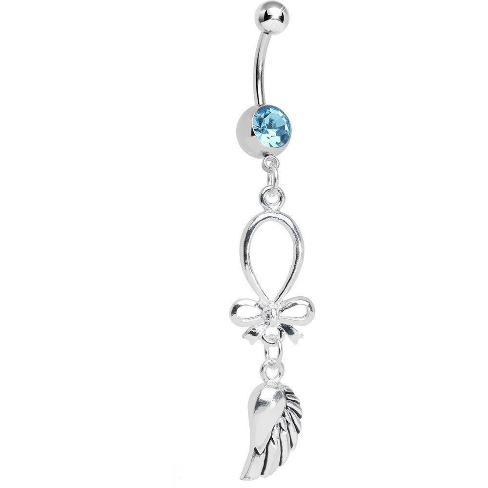 Aqua Gem Bowtie and Angel Wing Dangle Belly Ring