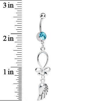 Aqua Gem Bowtie and Angel Wing Dangle Belly Ring