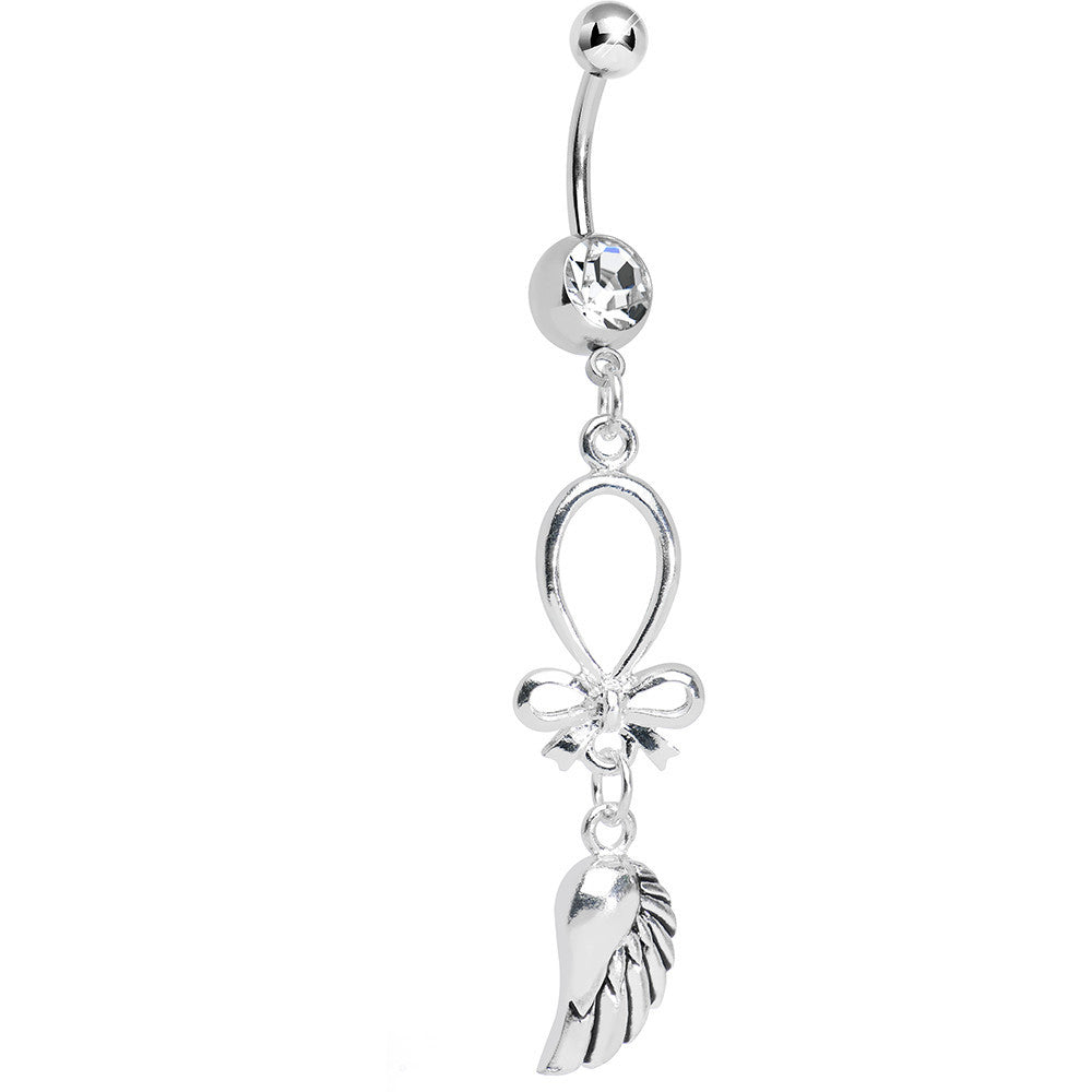 Clear Gem Bowtie and Angel Wing Dangle Belly Ring