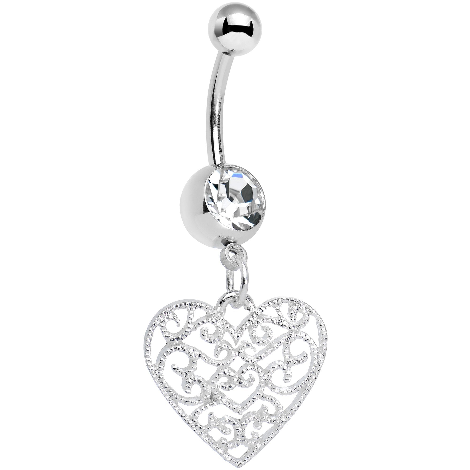 Clear Gem Filigree Heart Dangle Belly Ring