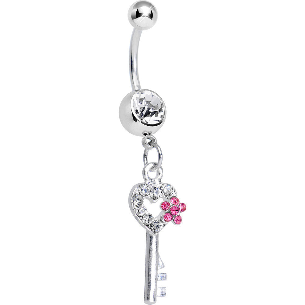 Crystalline Gem Pink Flowered Key Dangle Belly Ring