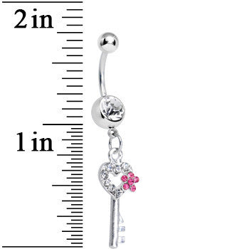 Crystalline Gem Pink Flowered Key Dangle Belly Ring