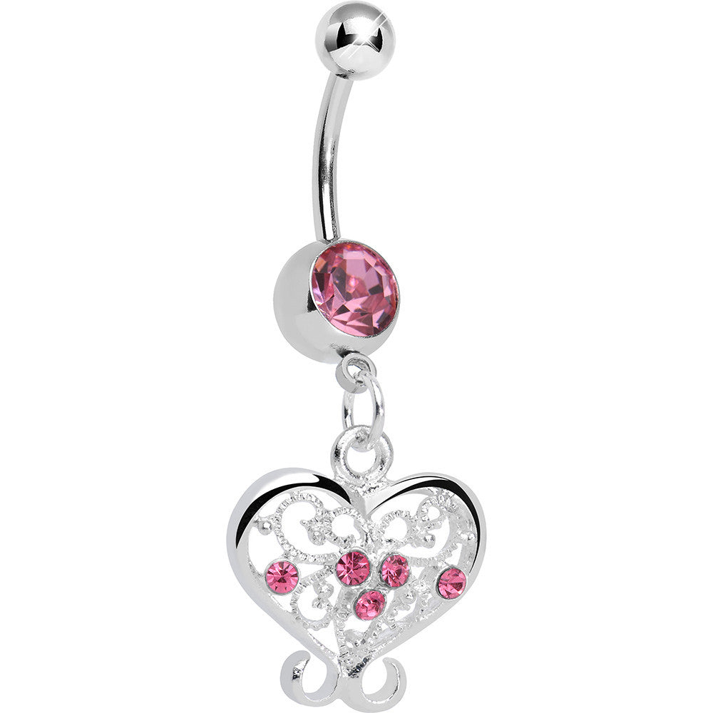 Pink Gem Opulent Scrolled Heart Dangle Belly Ring