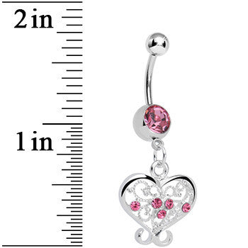 Pink Gem Opulent Scrolled Heart Dangle Belly Ring