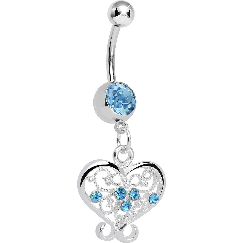 Aqua Gem Opulent Scrolled Heart Dangle Belly Ring