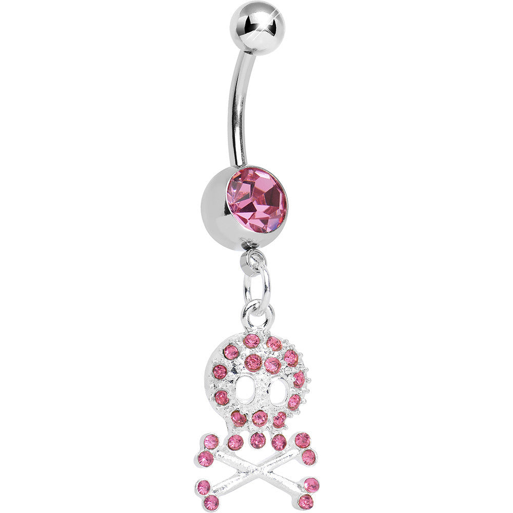 Pink Gem Glam Skull and Crossbones Dangle Belly Ring