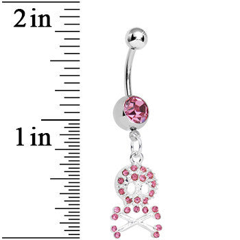 Pink Gem Glam Skull and Crossbones Dangle Belly Ring