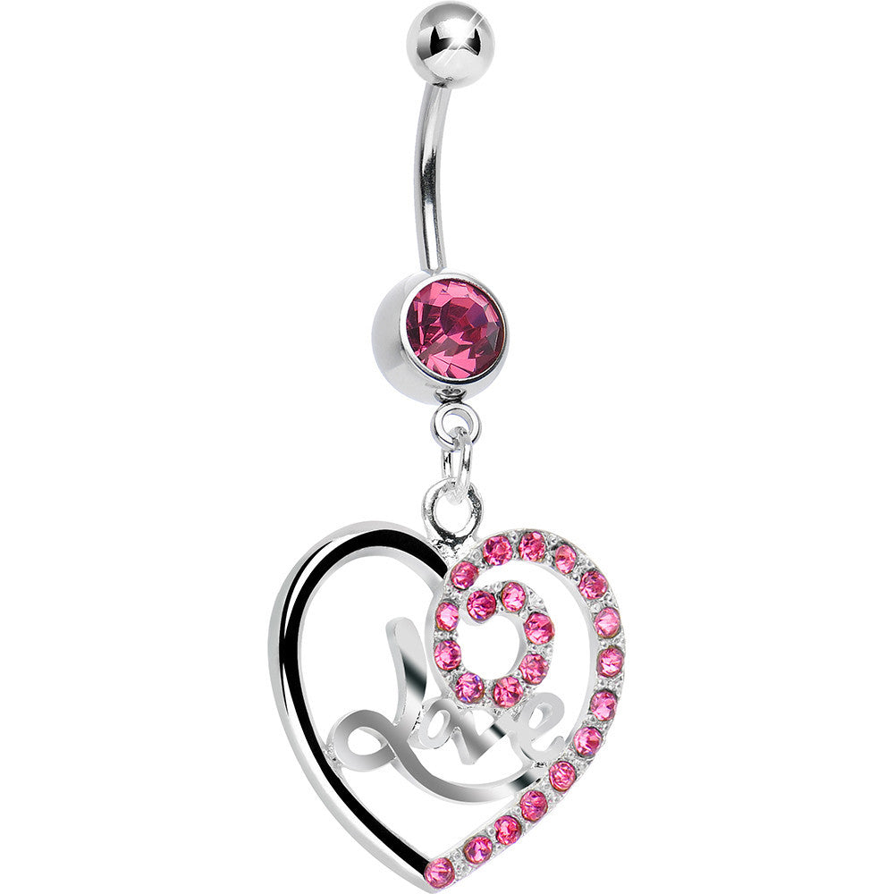 Pink Gem Gleaming Love Heart Dangle Belly Ring