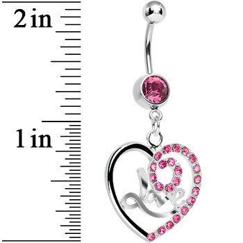 Pink Gem Gleaming Love Heart Dangle Belly Ring