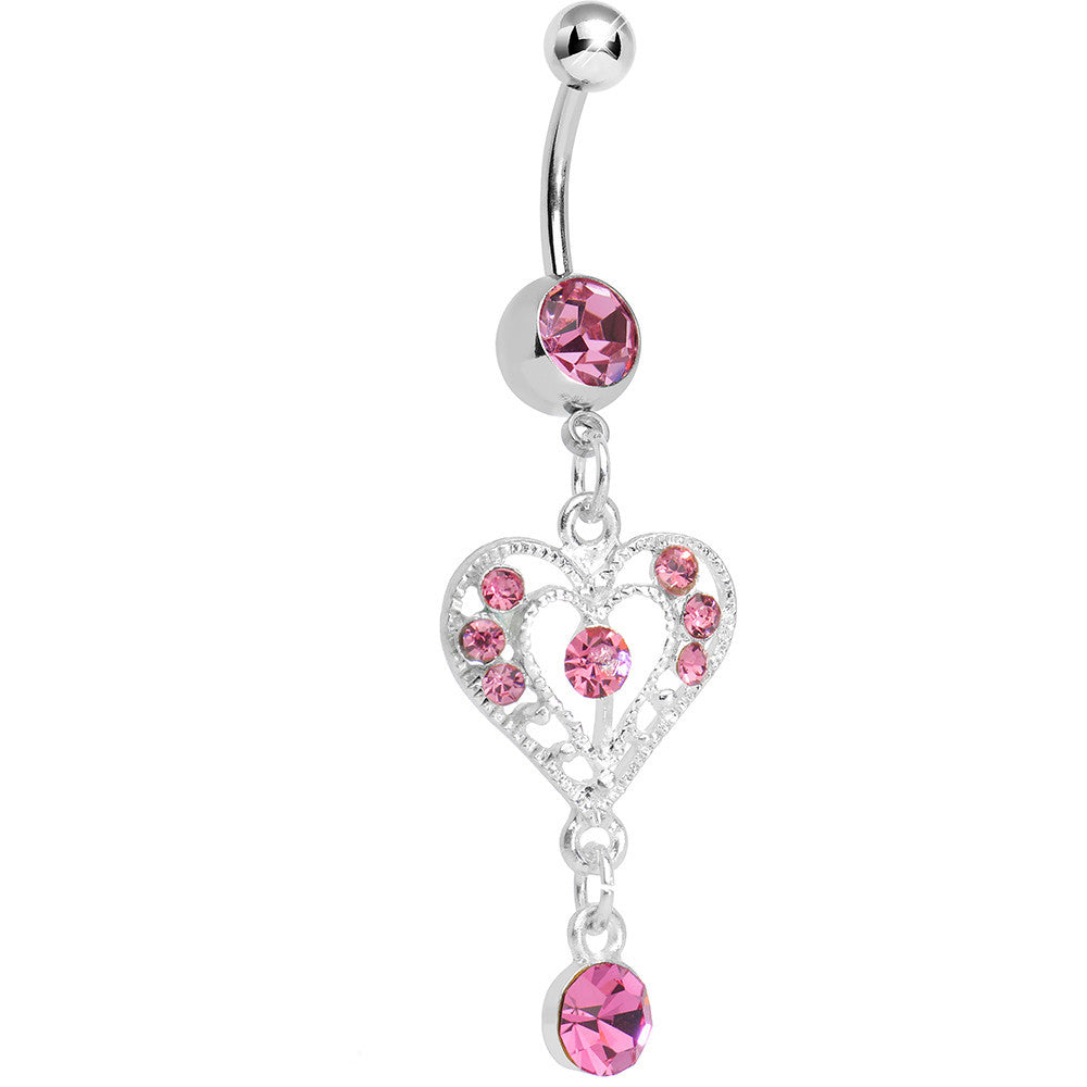 Pink Gem Drops of Love Heart Dangle Belly Ring