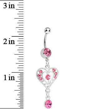 Pink Gem Drops of Love Heart Dangle Belly Ring