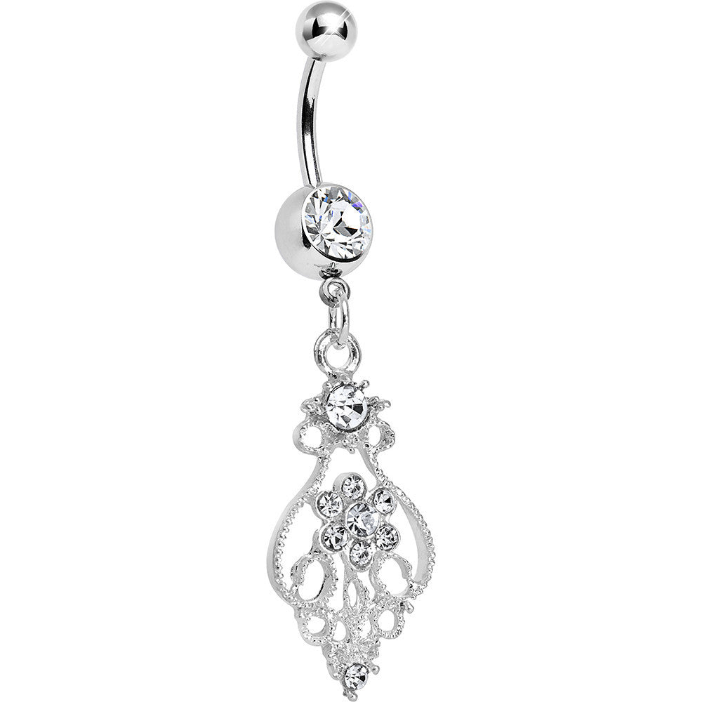 Crystalline Gem Ensnared in Roots Flower Dangle Belly Ring