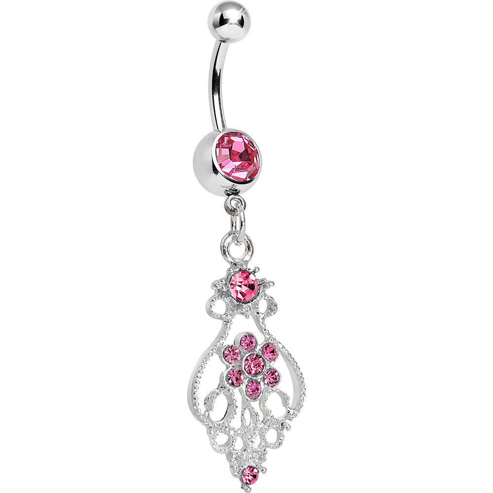 Pink Gem Ensnared in Roots Flower Dangle Belly Ring