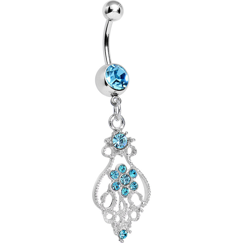 Aqua Gem Ensnared in Roots Flower Dangle Belly Ring