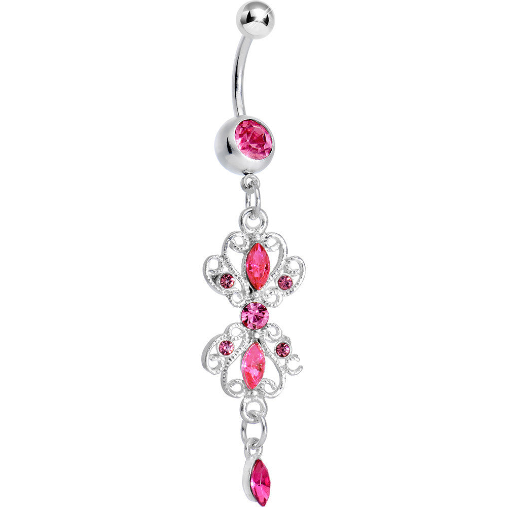 Pink Gem Twin Scrolls and Teardrops Dangle Belly Ring