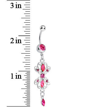 Pink Gem Twin Scrolls and Teardrops Dangle Belly Ring