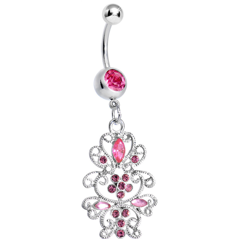 Pink Gem Day of the Daisy Flower Dangle Belly Ring