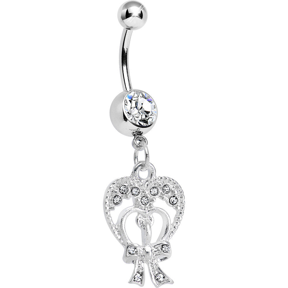 Crystalline Gem Love Tied in a Bow Heart Dangle Belly Ring