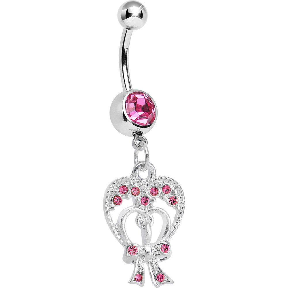 Pink Gem Love Tied in a Bow Heart Dangle Belly Ring