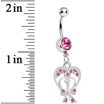 Pink Gem Love Tied in a Bow Heart Dangle Belly Ring