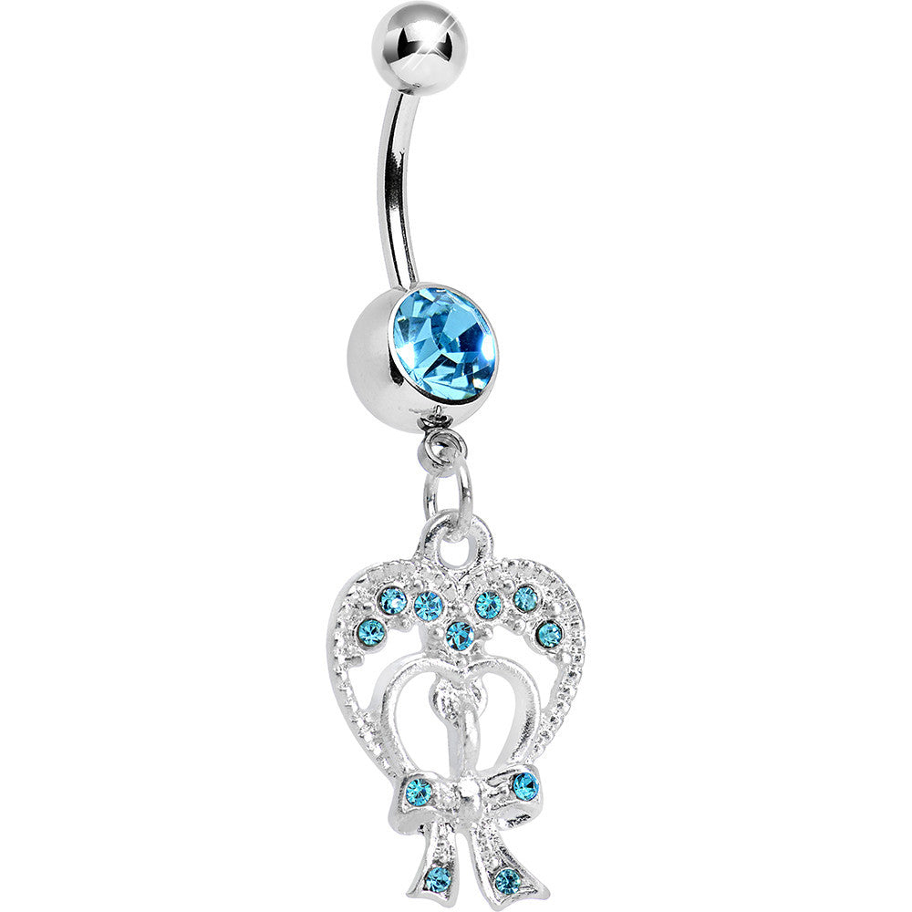 Aqua Gem Love Tied in a Bow Heart Dangle Belly Ring