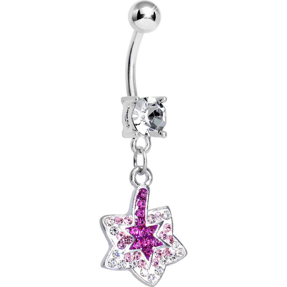 Crystalline Pink Gem Paved Layered Star of David Dangle Belly Ring