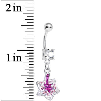 Crystalline Pink Gem Paved Layered Star of David Dangle Belly Ring