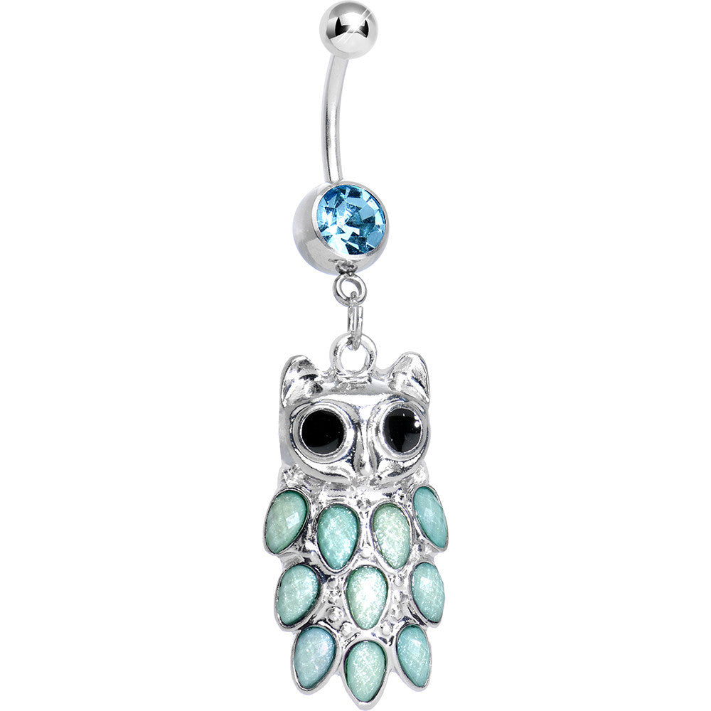 Aqua Gem Dressed Up Owl Dangle Belly Ring