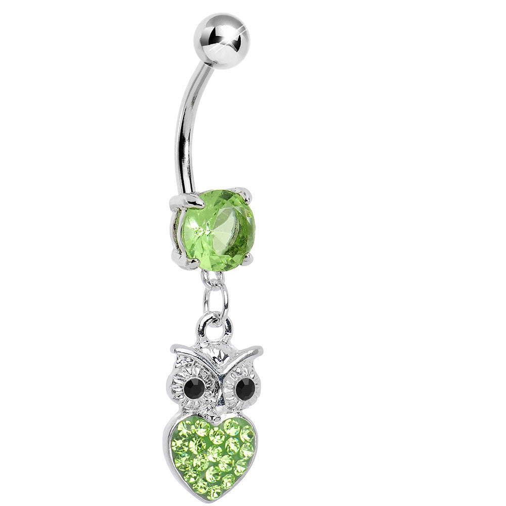 Light Green Gem and Paved Heart For the Love of Owls Dangle Belly Ring