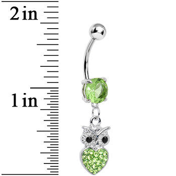 Light Green Gem and Paved Heart For the Love of Owls Dangle Belly Ring