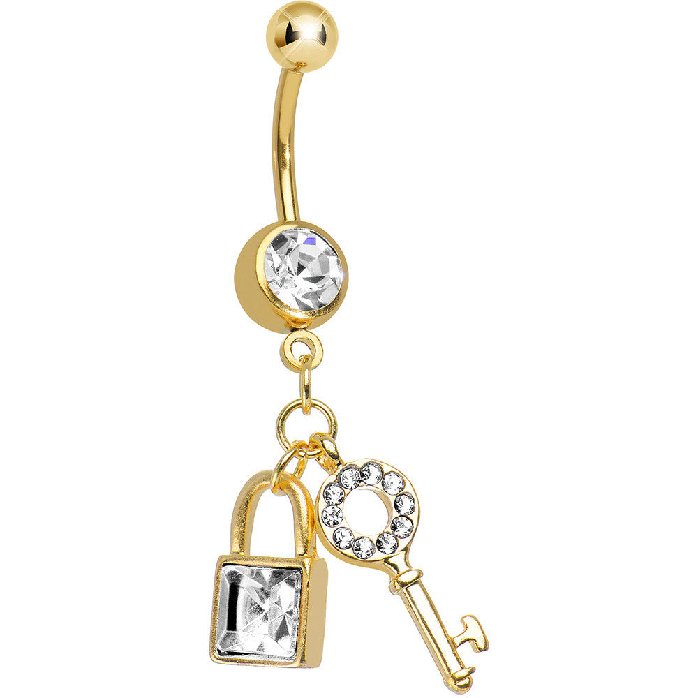 Crystalline Gem Gold Plated Blingy Lock and Key Dangle Belly Ring