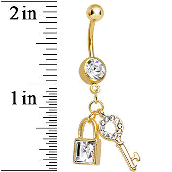 Crystalline Gem Gold Plated Blingy Lock and Key Dangle Belly Ring