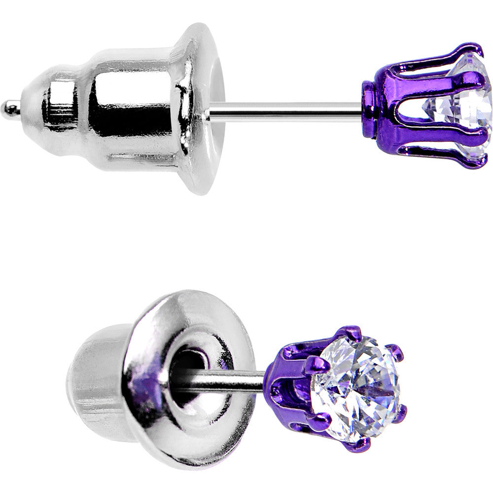 3mm Neon Purple Round Clear CZ Stud Earrings