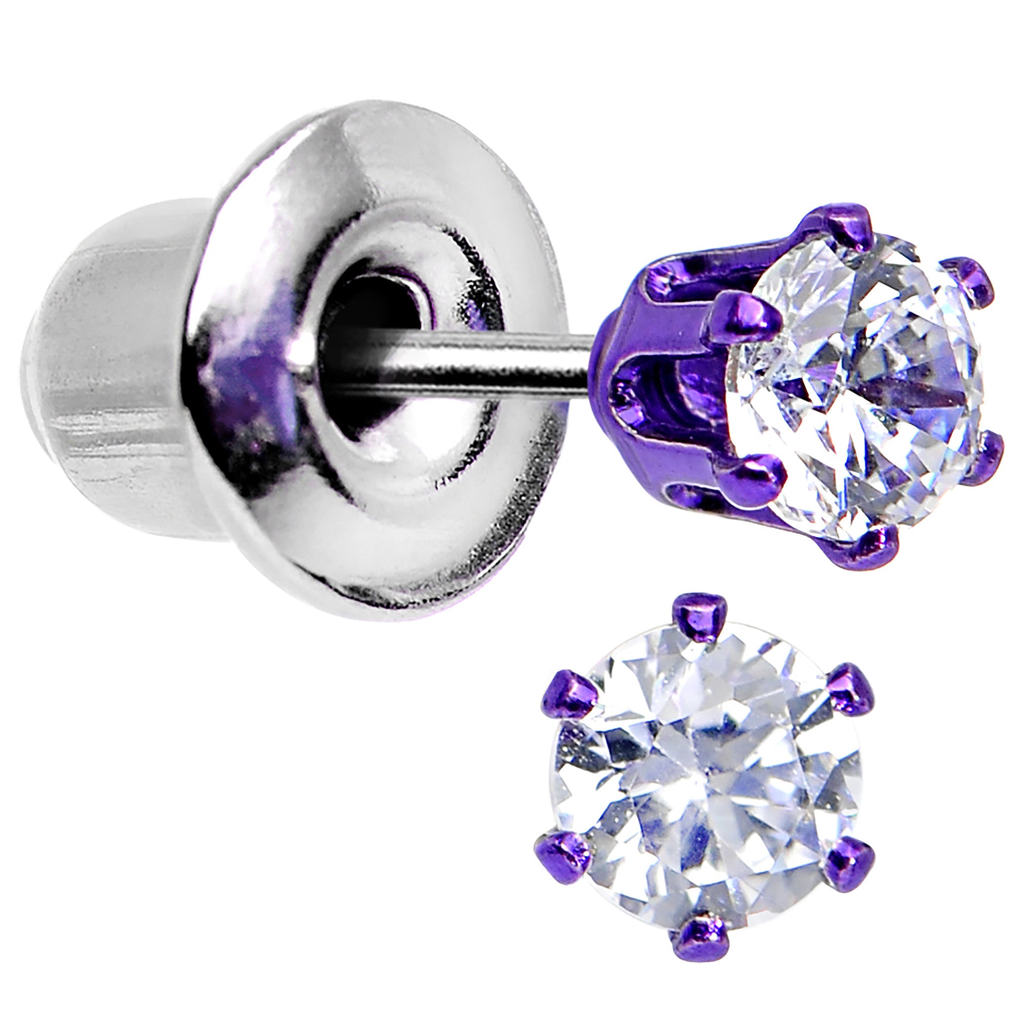 3mm Neon Purple Round Clear CZ Stud Earrings