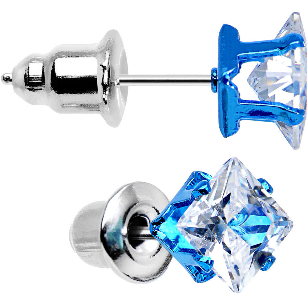 5mm Neon Blue Square Clear CZ Stud Earrings