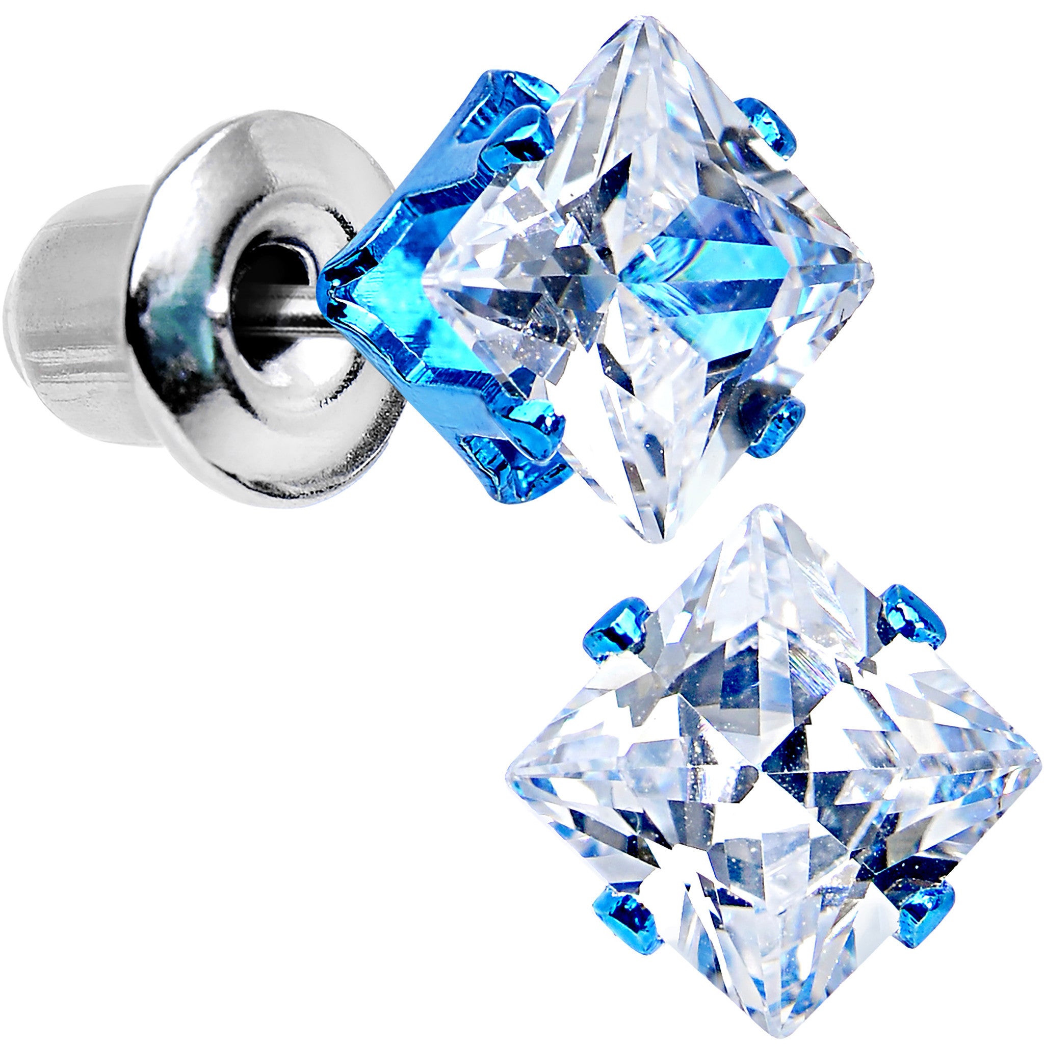 5mm Neon Blue Square Clear CZ Stud Earrings